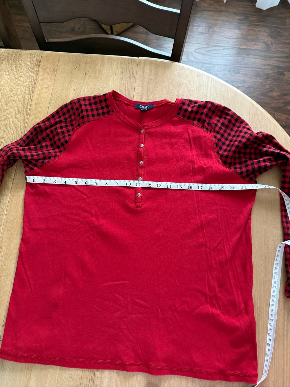 Chaps Red Henley with Black-Red Plaid Raglan Sleeves - Picture 4 of 5